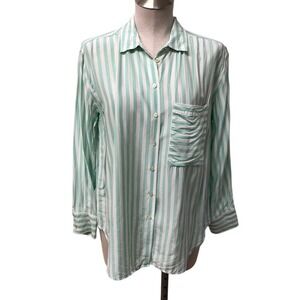 AYR Button Down Shirt Womens Medium Mint Green White Striped Silk Viscose Blend